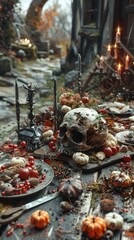 Design a scene of a post-apocalyptic feast with a unique blend of culinary arts and dark, photorealistic elements, conveying a sense of eerie beauty in an acrylic painting