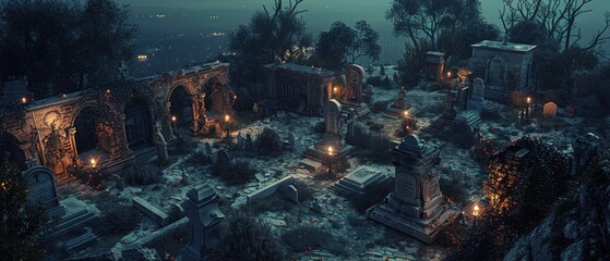 Delve into a top-down view of a desolate graveyard at twilight, a haunting sight awaiting exploration - obrazy, fototapety, plakaty