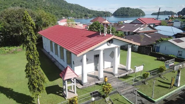 Aerial view of old church called Hollandische Kerk was built in the 1600s, Banda Naira. Maluku, Indonesia, April 11, 2024