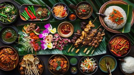 A photo of A traditional Indonesian rijsttafel spread, featuring a colorful array of dishes such as...