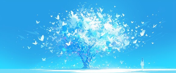 Abstract tree with colorful butterflies flying out of it on light blue background - obrazy, fototapety, plakaty