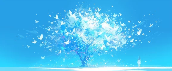 Crédence de cuisine en verre imprimé Papillons en grunge Abstract tree with colorful butterflies flying out of it on light blue background