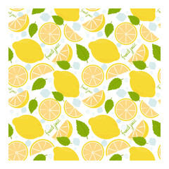 Seamless Lemon pattern with green leaves and lemon slices, pieces of ice on a white background. Wrapping paper, textile, vector illustration