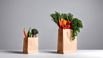 Ripe beautiful tasty organic vegetables and herbs in paper bags