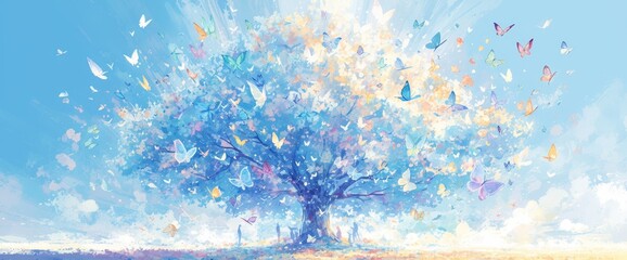 Abstract tree with colorful butterflies flying out of it on light blue - obrazy, fototapety, plakaty