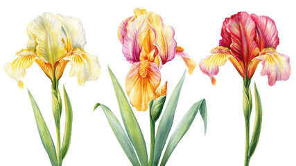 Iris flower set watercolor. Spring blossom flower hand drawn botanical illustration, delicate plant for poster, postcard - 782233365