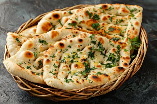Mint or garlic naan butter naan tandoori in a basket on table top view of Bangladeshi cuisine