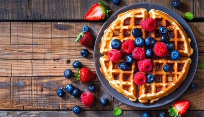 Morning Belgian waffles adorned with berries set against a wooden backdrop
