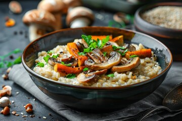 Mushroom barley porridge on dark background selective focus