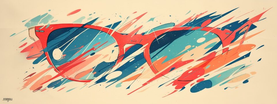 A vibrant and colorful banner featuring red sunglasses with paint splashes, representing summer fun in the sun for advertising or fashion design. 