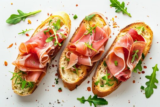 Open Faced Prosciutto Sandwich On White Background