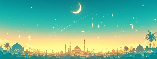 Foto op Canvas A vibrant Ramadan banner featuring an Islamic cityscape at sunset, with the crescent moon and stars in the sky and silhouettes of minarets © Photo And Art Panda