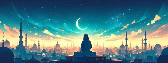 A vibrant Ramadan banner featuring an Islamic cityscape at sunset, with the crescent moon and stars in the sky and silhouettes of minarets against orange hues