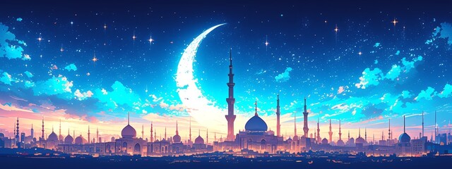 A vibrant Ramadan banner featuring an Islamic cityscape at sunset, with silhouettes of minarets and domes against the backdrop of a starry sky. 
