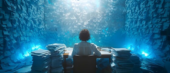 Adrift in a Sea of Paperwork: The Office Odyssey. Concept Document Management, Organization Tips, Filing Systems, Digital Archiving, Paper Reduction - obrazy, fototapety, plakaty