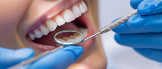 Close-up of a thorough oral health check, showcasing a dentist's hands with tools inspecting a patient's bright smile.