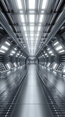 Sci Fi Tunnel on the Alien Spaceship. Glowing Metal Corridor with Cinematic Neon and Fluorescent Lights - shallow detail focus. 3D Rendering Futuristic Construction Space for Wallpaper and Background.