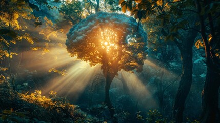 Positivity Sunlight Filter Mystical Sunrays Through Forest Canopy - obrazy, fototapety, plakaty
