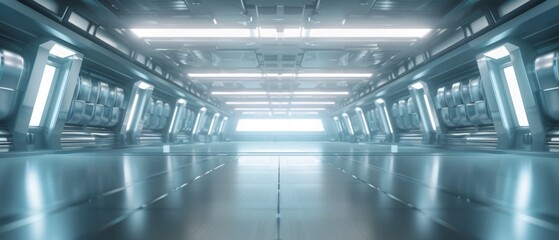 Naklejka premium Sci Fi Tunnel on the Alien Spaceship. Glowing Metal Corridor with Cinematic Neon and Fluorescent Lights - shallow detail focus. 3D Rendering Futuristic Construction Space for Wallpaper and Background.