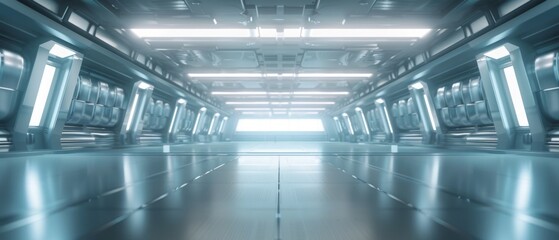 Sci Fi Tunnel on the Alien Spaceship. Glowing Metal Corridor with Cinematic Neon and Fluorescent Lights - shallow detail focus. 3D Rendering Futuristic Construction Space for Wallpaper and Background.