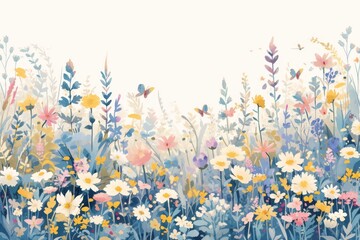 A whimsical watercolor illustration of colorful flowers and butterflies, with a white background. 