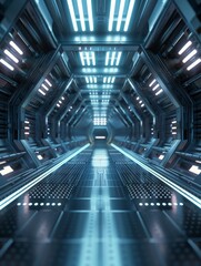 Sci Fi Tunnel on the Alien Spaceship. Glowing Metal Corridor with Cinematic Neon and Fluorescent Lights - shallow detail focus. 3D Rendering Futuristic Construction Space for Wallpaper and Background.
