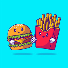 Cute burger and fries in best friends funny cartoon vector icon illustration. food object icon isolated