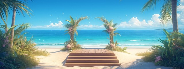 A wooden podium on the beach with waves and palm trees in front of it, creating an elegant summer background for product display or presentation. 