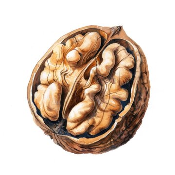 This watercolor illustration beautifully captures the intricate textures of a walnut