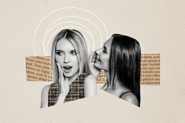 Composite photo collage of two cunning girls one whisper ear gossip other listen surprised omg...