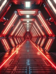 Sci Fi Tunnel on the Alien Spaceship. Glowing Metal Corridor with Cinematic Neon and Fluorescent Lights - shallow detail focus. 3D Rendering Futuristic Construction Space for Wallpaper and Background.