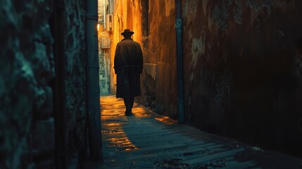 A mysterious figure in a long coat walking through a dimly lit alley, the glow of a distant...