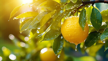 Citrus tree with orange fruit. Closeup citrus fruits in green garden background. Organic food with vitamins and healthy tropical juicy fruit. Banner.