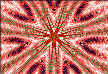 Abstract, pattern with a kaleidoscopic effect,  radiating from the center, featuring a complex array of zigzag lines and undulating waves, within a border