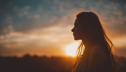 Sunset Silhouette: Long-Haired Figure Bathed in Golden Light
