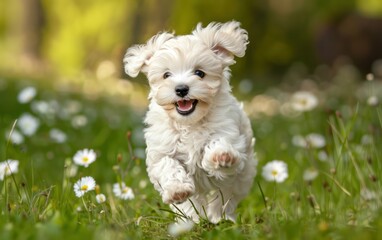 Joyful puppy playing among daisies in sunlight