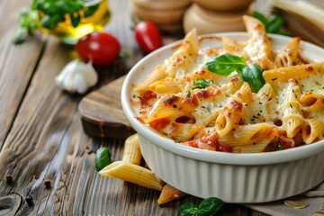 Penne pasta baked with tomato sauce and cheese in a white dish