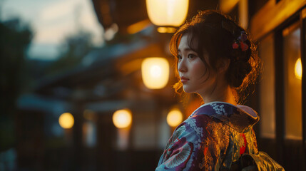 Obraz premium 着物を着た女性の夕暮れポートレート Portrait of woman in Kimono in sunset