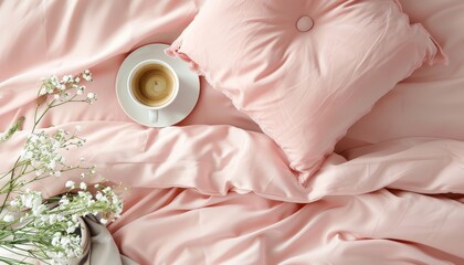 Pink pillows and coffee on stylish bedding Flat lay top view with copy space