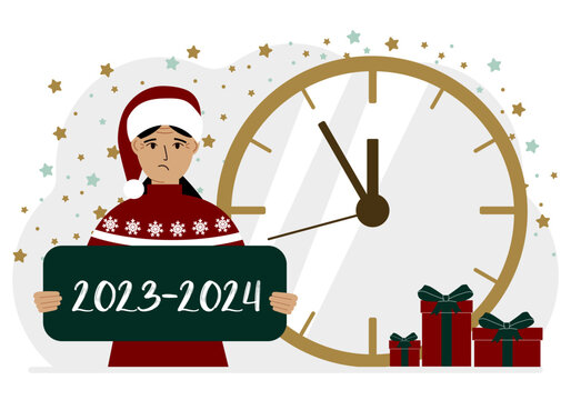 5 minutes for the new year. A woman holds a poster with the text 2023-2024. Vector flat illustration