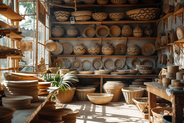 A cultural workshop where travelers learn traditional crafts and artisanal skills. Shelves filled with baskets, pottery, and bowls in a room