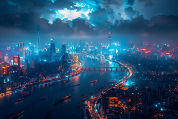 A panoramic view of a city skyline illuminated at night. Cityscape with glowing tower blocks and...