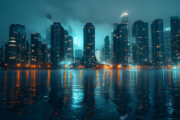 Fototapeta premium A panoramic view of a city skyline illuminated at night. Cityscape with skyscrapers and tower blocks reflecting in water under night sky