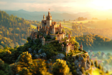 A majestic castle perched on a hilltop overlooking a picturesque countryside. A castle stands on a...