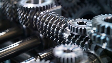 Fototapeta na wymiar Close-up of shiny metal gears reflecting industrial engineering precision