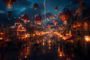 A lively street carnival filled with music, dance, and colorful decorations. Colorful hot air...