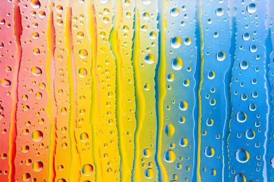 A colorful and vibrant scene of raindrops on a window. The droplets are scattered across the glass, creating a sense of movement and energy. Generative AI