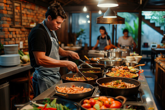 A cultural immersion experience where travelers learn to cook local dishes with expert chefs. A man is preparing dishes in a restaurant kitchen