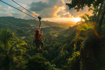 A traveler embarking on an exhilarating adventure, such as zip-lining through a lush rainforest. Person ziplining over forest with green trees and grass