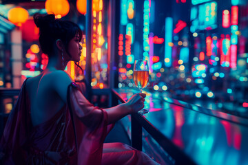 A traveler experiencing the vibrant nightlife of a cosmopolitan city with lively bars and clubs. A woman in purple holding a glass of magenta wine at a neonlit bar in the city